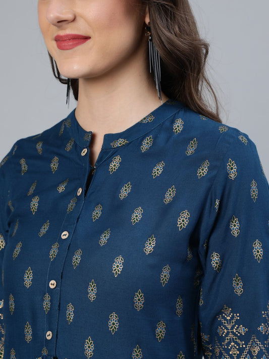 Women Teal Blue Printed Maxi Dress With Three Quarter Sleeves | LASVINI - Redefining Indian Fashion with Elegance