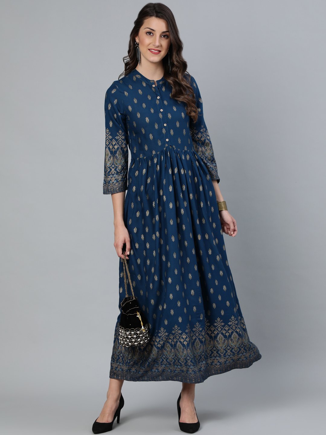 Women Teal Blue Printed Maxi Dress With Three Quarter Sleeves | LASVINI - Redefining Indian Fashion with Elegance