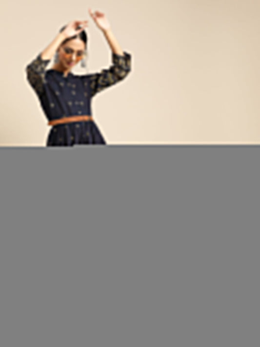 Womens Navy Blue & Gold Ethinic Printed Dress With Mandarin Collar & Three Quarter Sleeves | LASVINI - Redefining Indian Fashion with Elegance