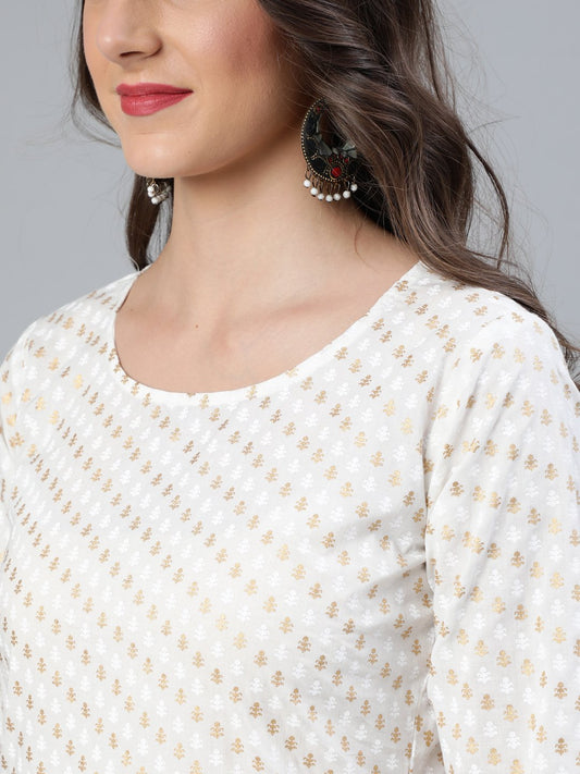 Women Off White & Gold Printed Straight Kurta With Plazo & Dupatta | LASVINI - Redefining Indian Fashion with Elegance