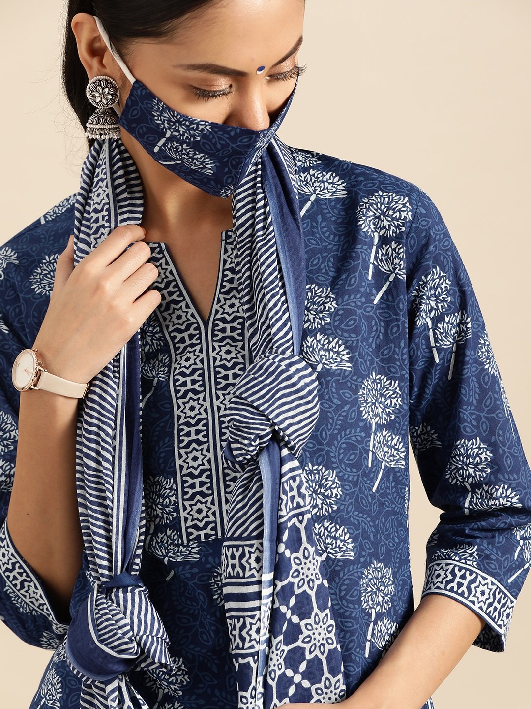 Women Indigo Three-Quarter Sleeves Straight Kurta With Palazzo & Striped Dupatta | LASVINI - Redefining Indian Fashion with Elegance