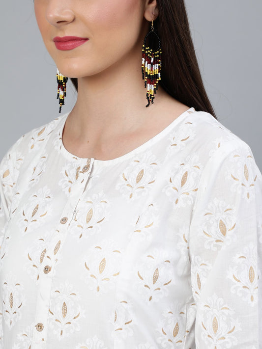 Women Off-White & Gold Printed A-Line Kurta With Plazzo & Dupatta | LASVINI - Redefining Indian Fashion with Elegance