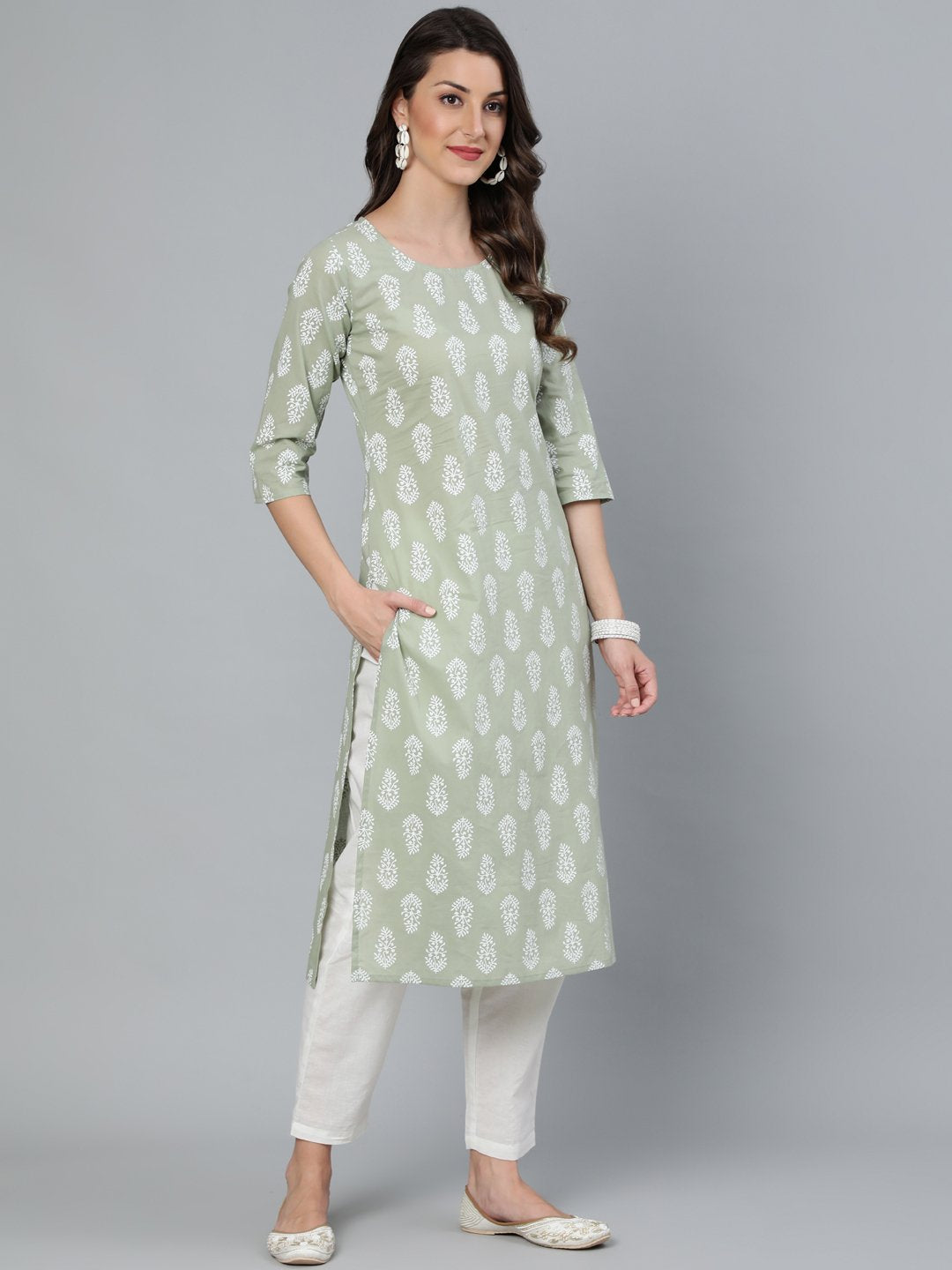 Women Sage Green & Off-White Printed Straight Kurta With Plazzo & Dupatta | LASVINI - Redefining Indian Fashion with Elegance