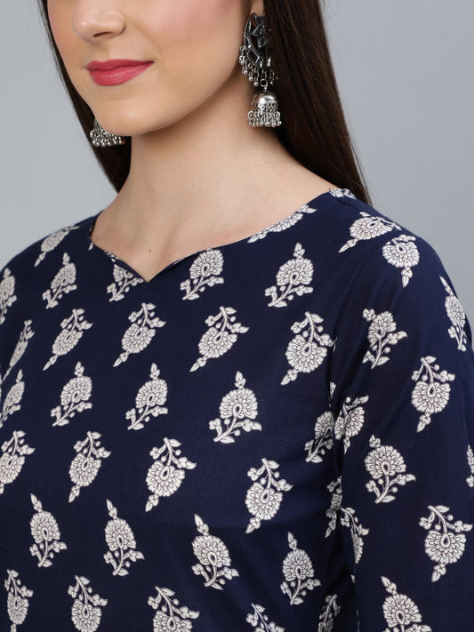 Women Navy Blue Floral Printed Straight Kurta With Plazo | LASVINI - Redefining Indian Fashion with Elegance