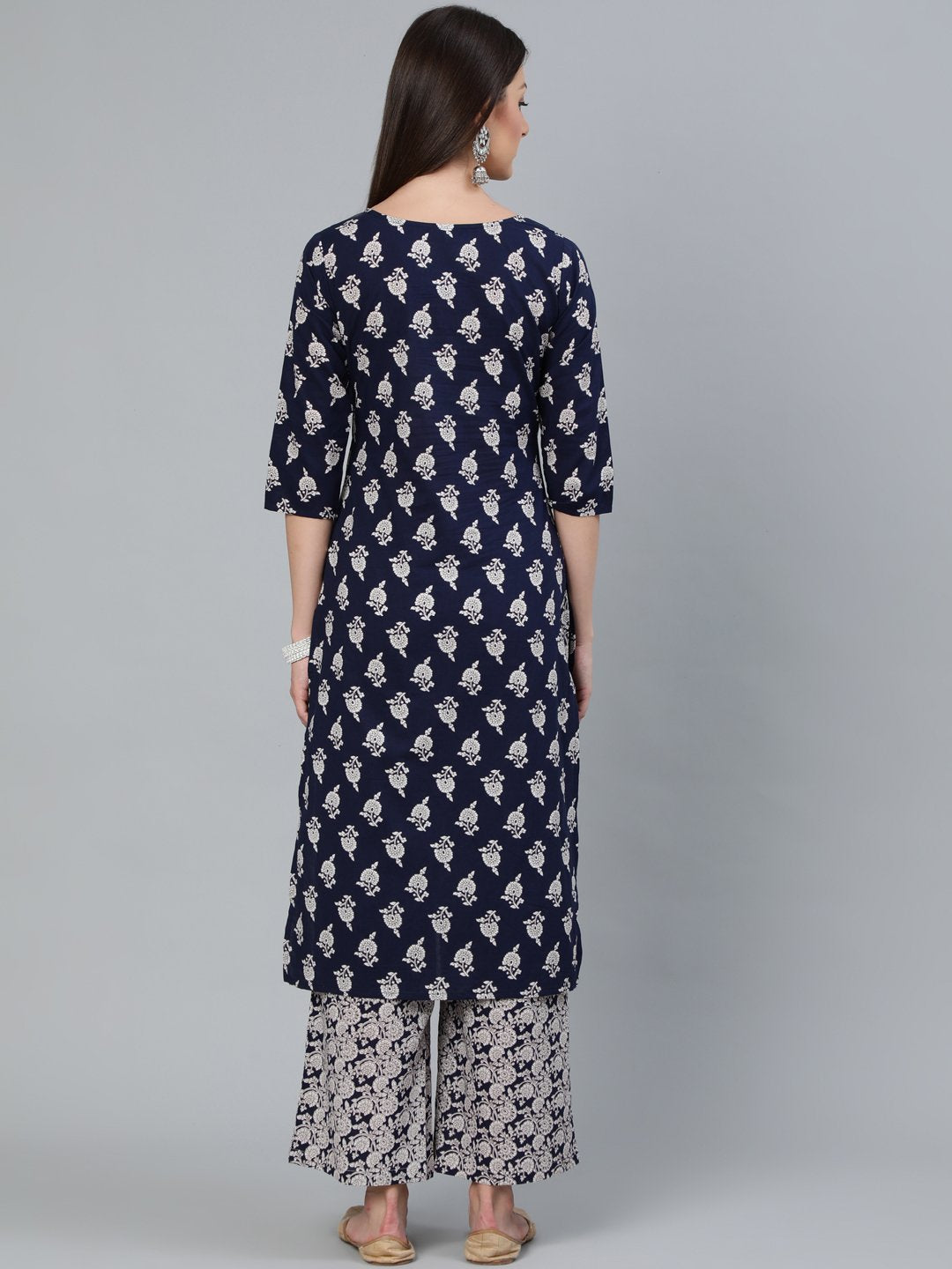 Women Navy Blue Floral Printed Straight Kurta With Plazo | LASVINI - Redefining Indian Fashion with Elegance