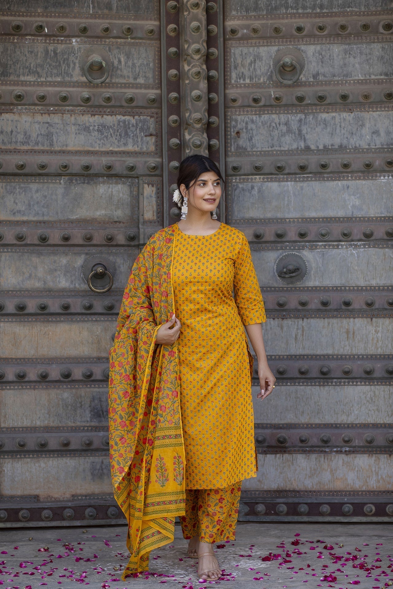 Women Mustard & Gold Printed Straight Kurta With Plazzo & Dupatta | LASVINI - Redefining Indian Fashion with Elegance