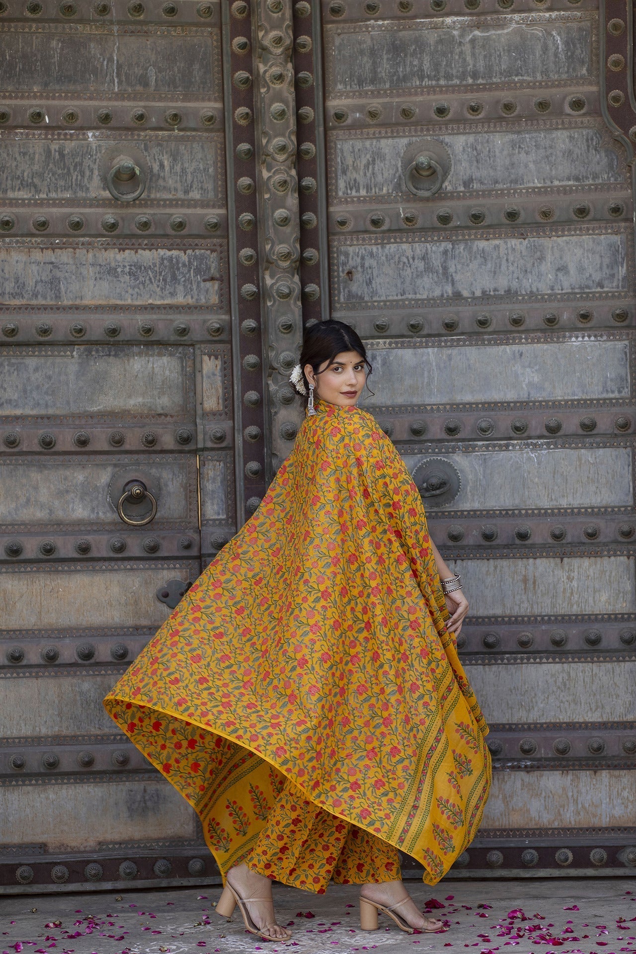 Women Mustard & Gold Printed Straight Kurta With Plazzo & Dupatta | LASVINI - Redefining Indian Fashion with Elegance