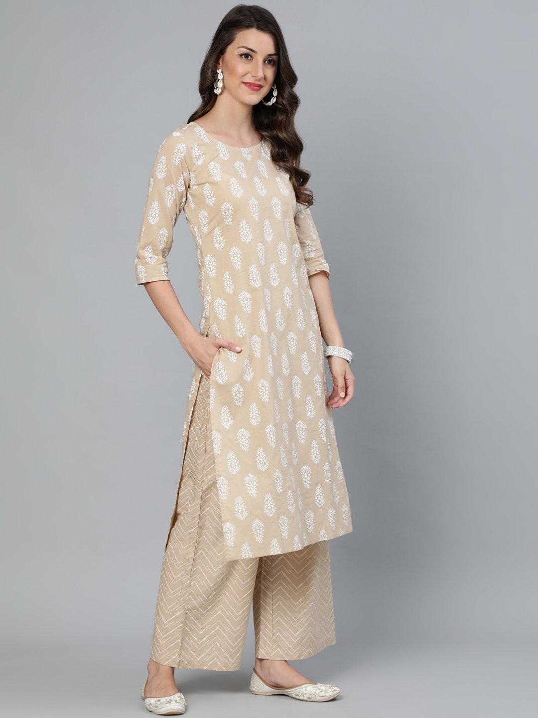 Women Beige Printed Straight Kurta With Plazo & Dupatta | LASVINI - Redefining Indian Fashion with Elegance
