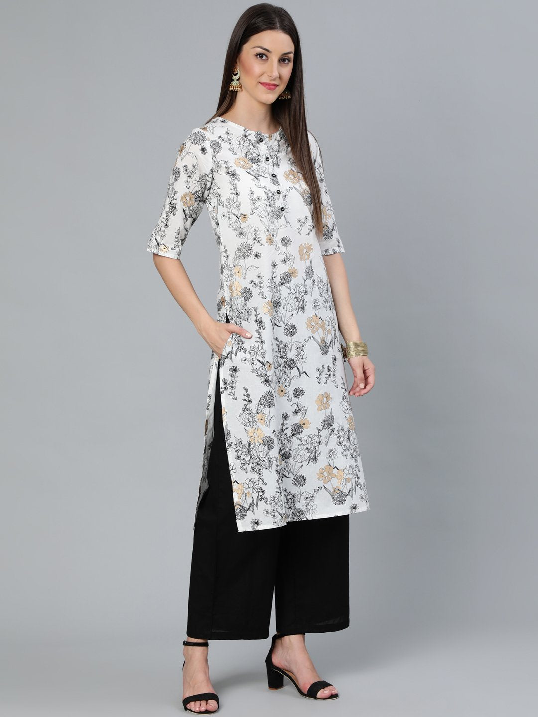 Women Off-White & Black Printed Straight Kurta With Plazzo & Dupatta | LASVINI - Redefining Indian Fashion with Elegance