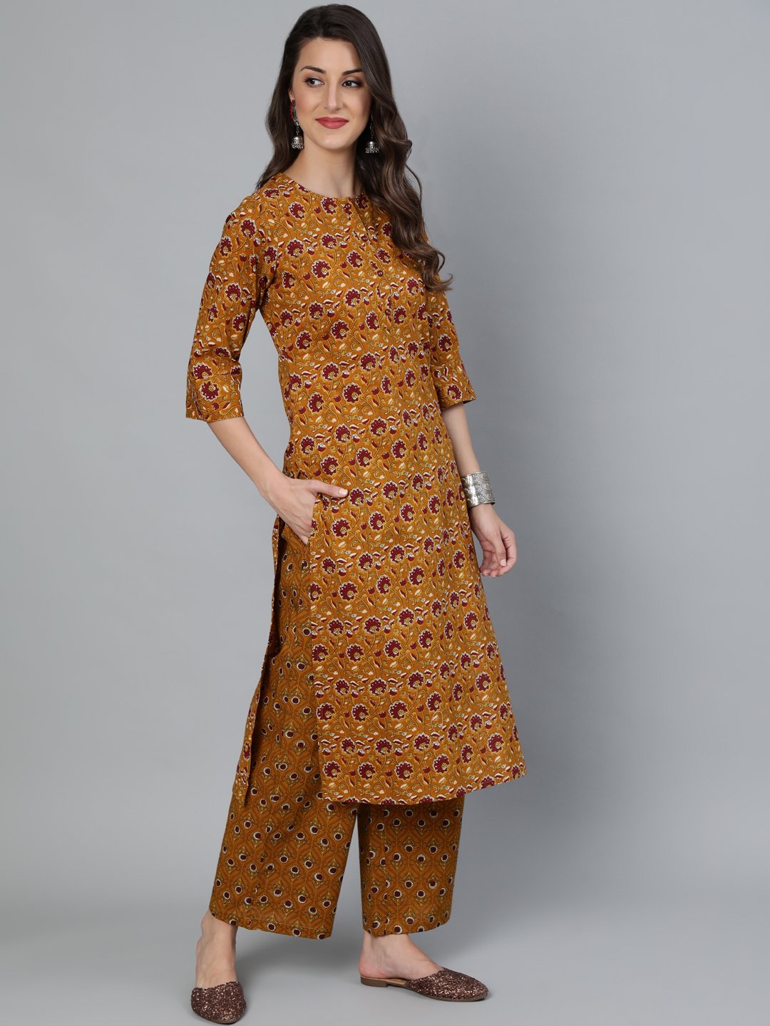 Women Mustard & Maroon Printed Straight Kurta With Plazzo & Dupatta | LASVINI - Redefining Indian Fashion with Elegance