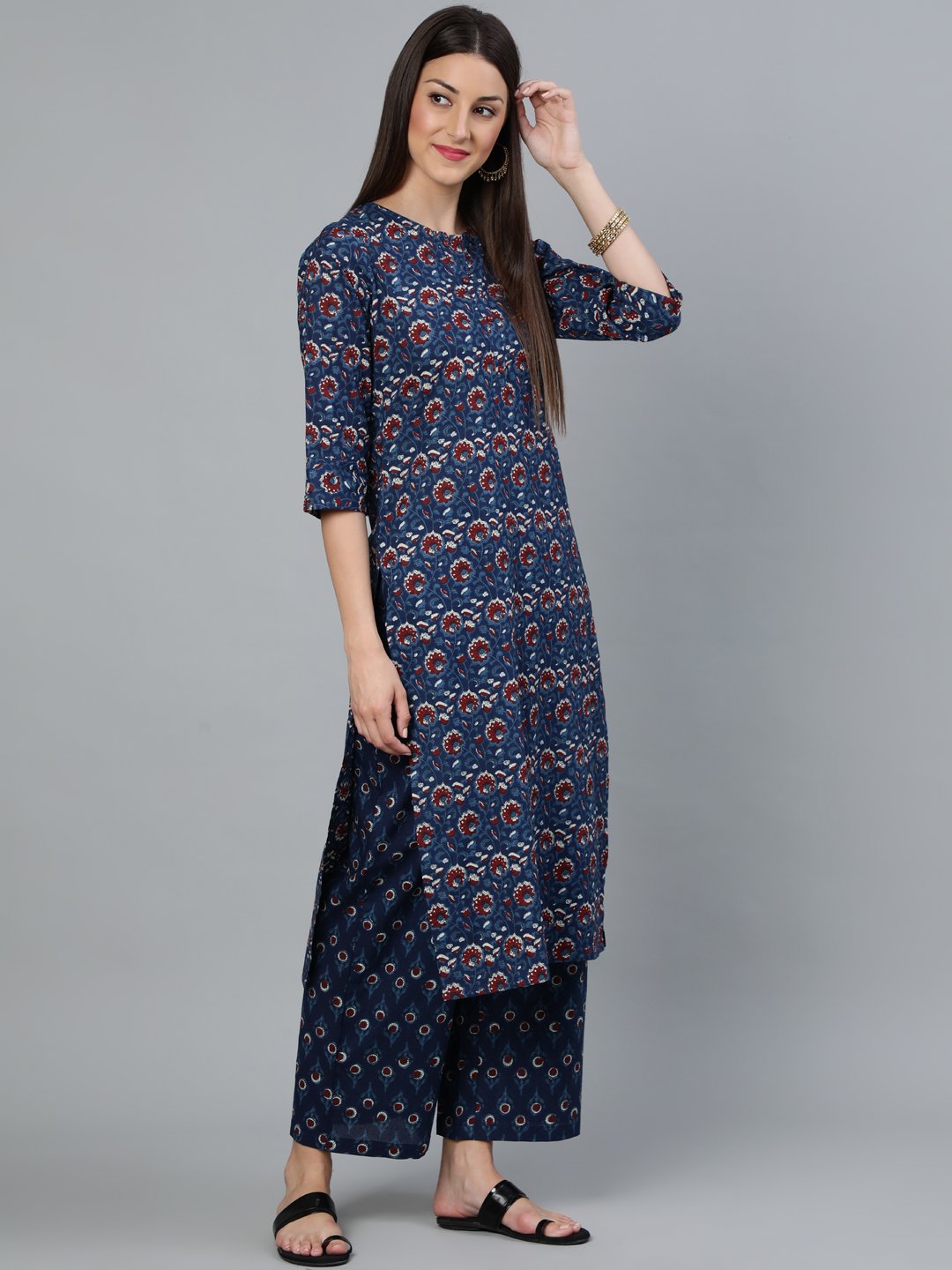 Women Indigo Blue Printed Straight Kurta Wiith Plazo & Dupatta | LASVINI - Redefining Indian Fashion with Elegance