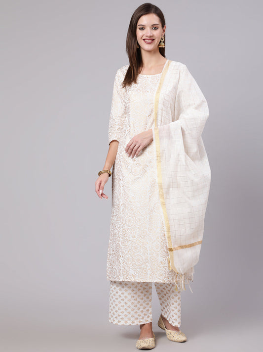 Women Off-White & Gold Printed Straight Kurta With Plazzo & Dupatta | LASVINI - Redefining Indian Fashion with Elegance