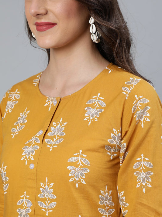 Women Mustard & Silver Printed Box Pleated Kurta With Trouser & Dupatta | LASVINI - Redefining Indian Fashion with Elegance