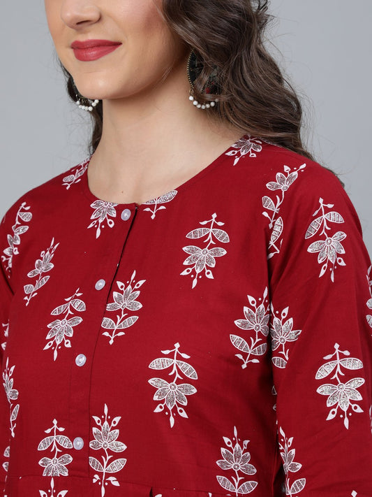 Women Maroon & Silver Printed Box Pleated Kurta With Trouser & Dupatta | LASVINI - Redefining Indian Fashion with Elegance