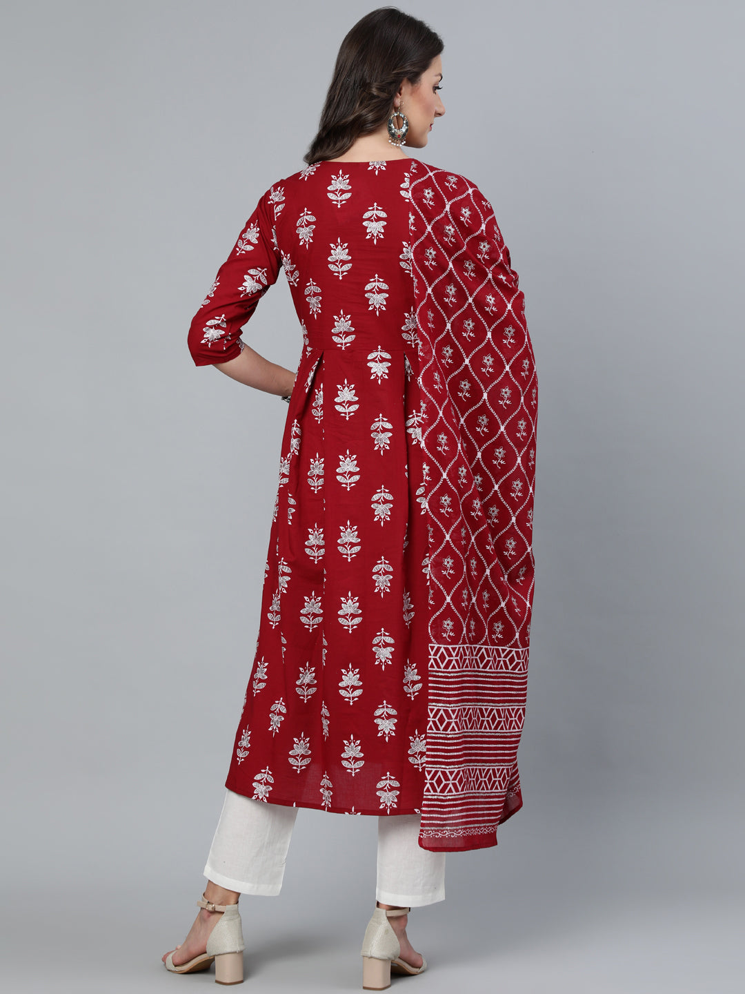 Women Maroon & Silver Printed Box Pleated Kurta With Trouser & Dupatta | LASVINI - Redefining Indian Fashion with Elegance