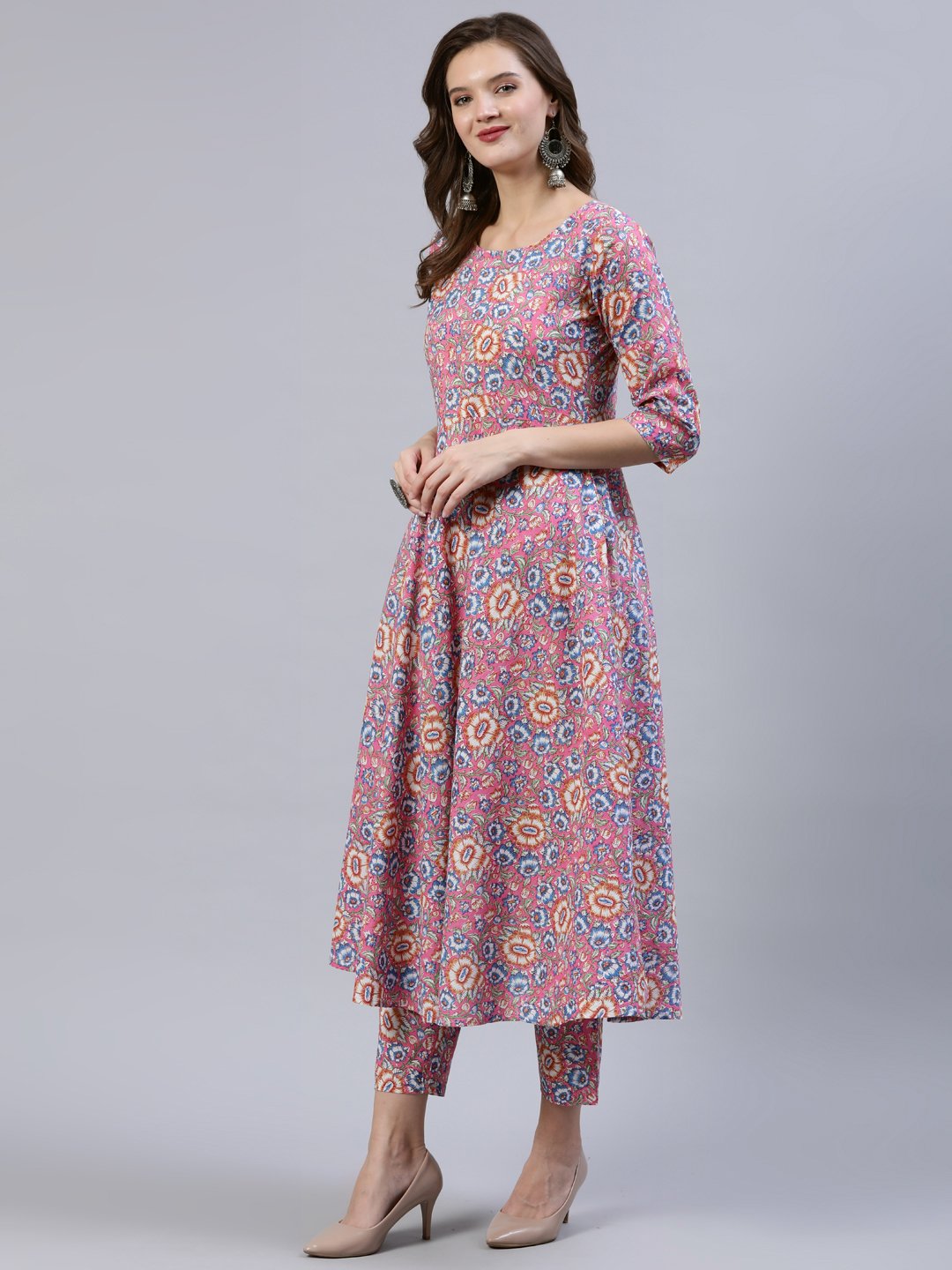 Women Pink Printed Flared Kurta With Trouser & Dupatta | LASVINI - Redefining Indian Fashion with Elegance