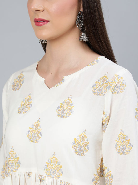 Women Cream & Gold Printed Gathered Kurta With Plazzo | LASVINI - Redefining Indian Fashion with Elegance
