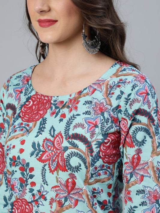 Women Sea Green Printed Straight Kurta With Plazzo & Dupatta | LASVINI - Redefining Indian Fashion with Elegance