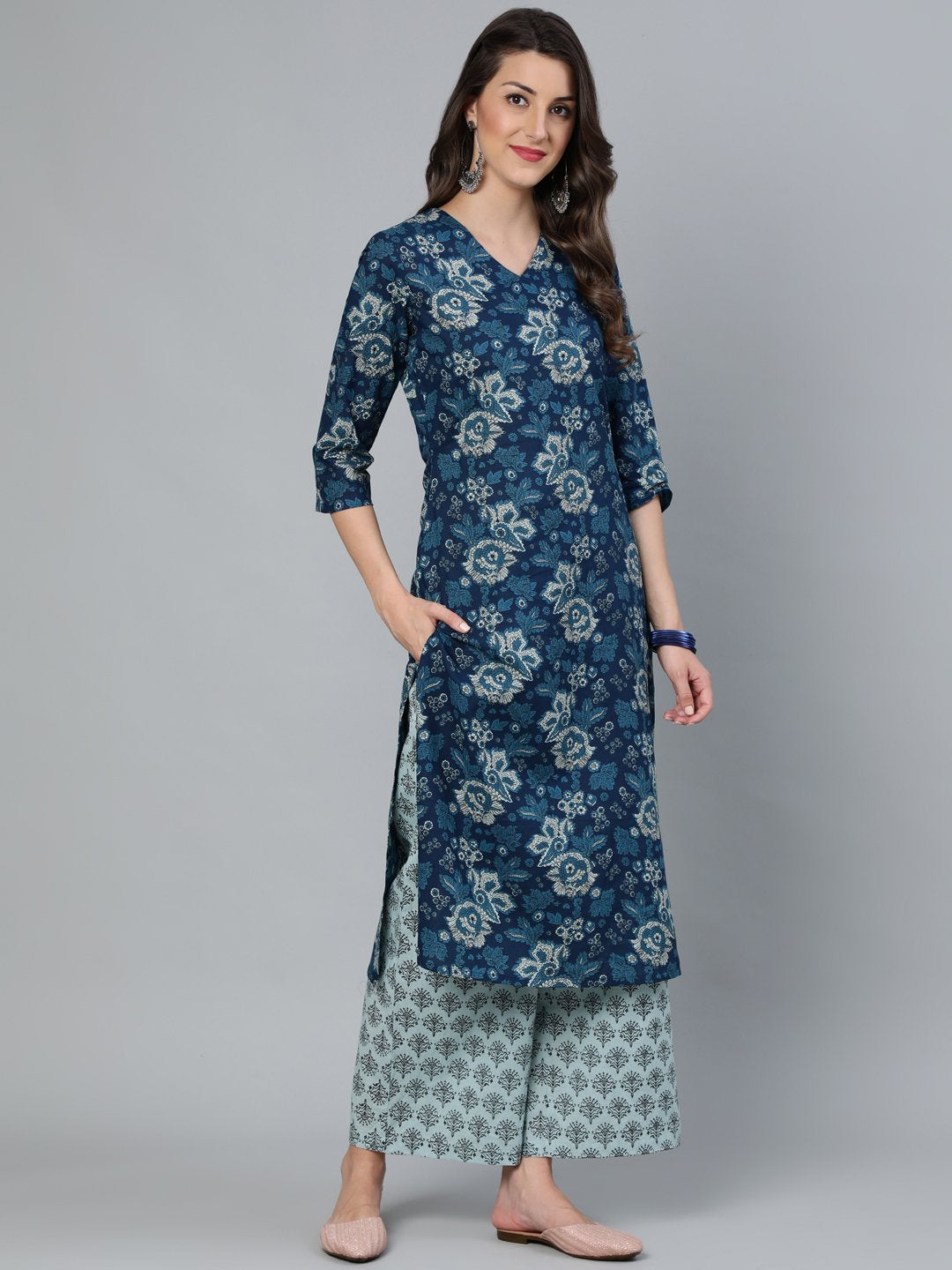 Women Indigo Blue Printed Straight Kurta With Plazzo & Dupatta | LASVINI - Redefining Indian Fashion with Elegance
