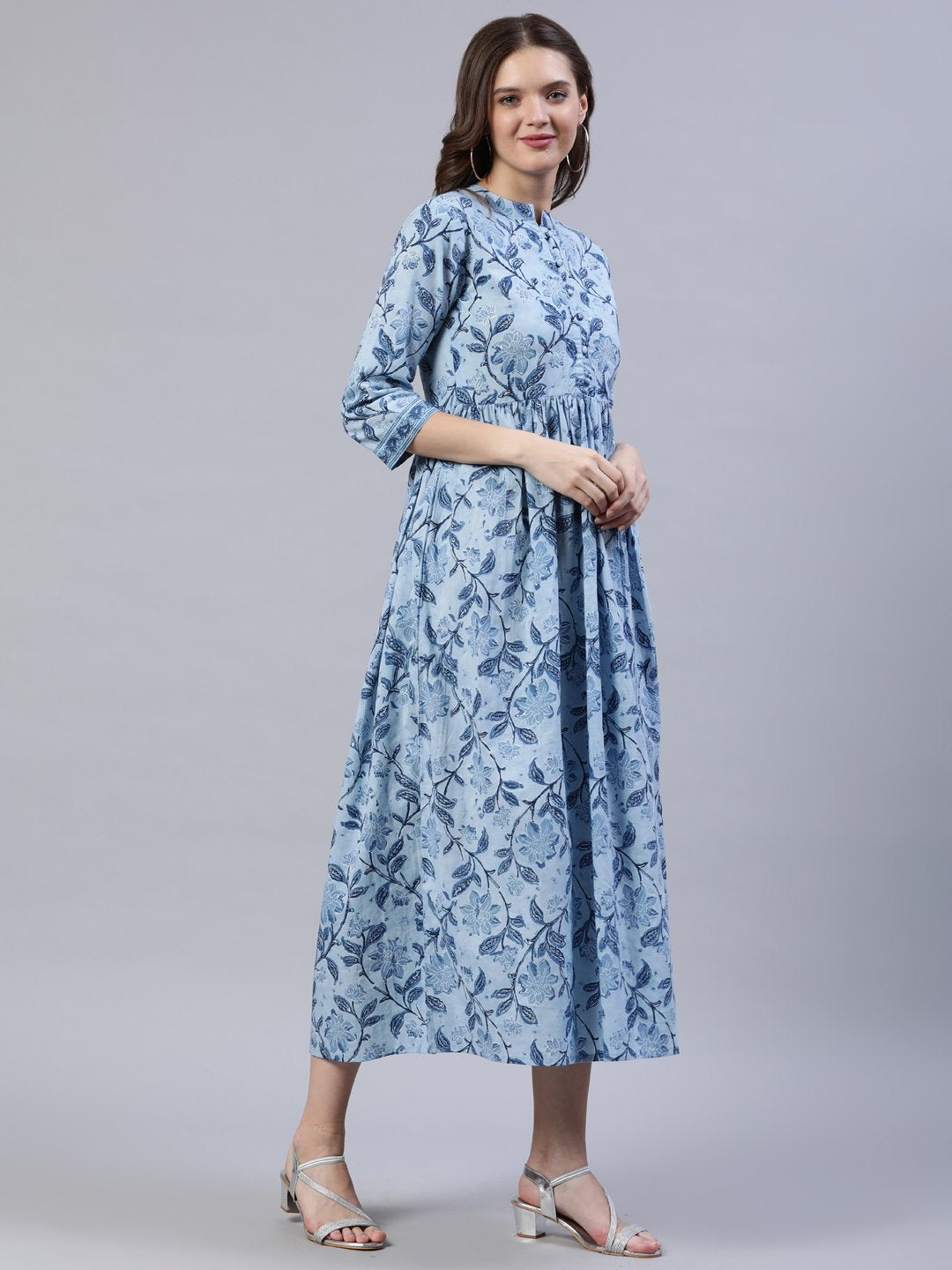 Women Blue Floral Printed Dress With Three Quarter Sleeves | LASVINI - Redefining Indian Fashion with Elegance