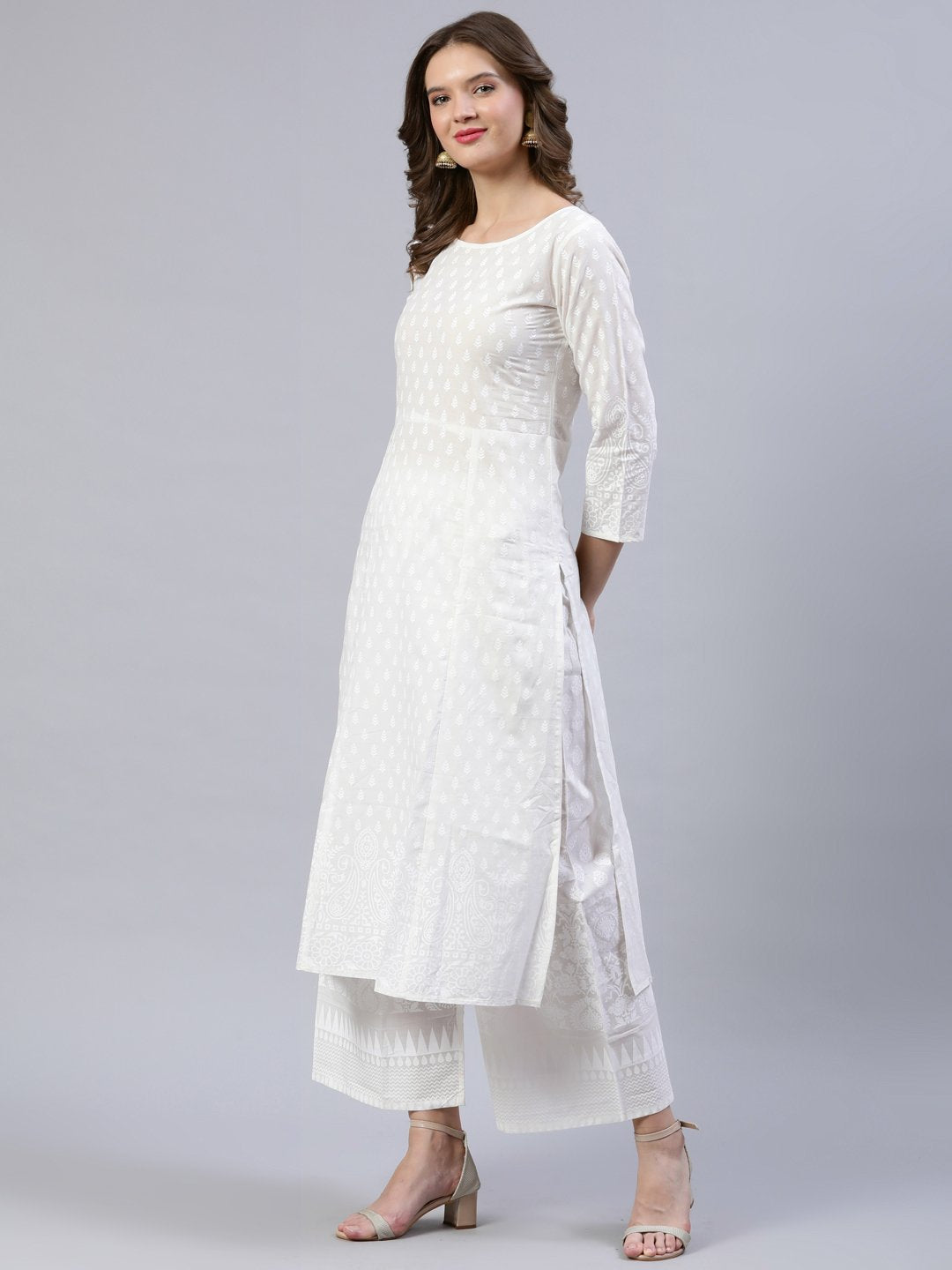 Women Off-White Printed A- Line Kurta With Palazo & Dupatta | LASVINI - Redefining Indian Fashion with Elegance