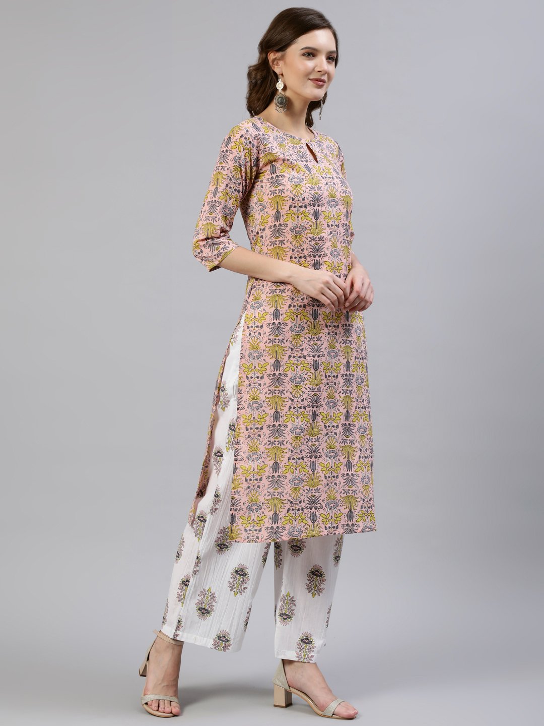 Women Peach Floral Printed Flared Kurta With Trouser & Dupatta | LASVINI - Redefining Indian Fashion with Elegance