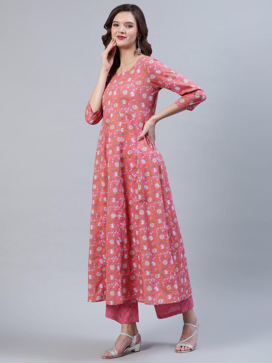 Women Pink Floral Printed Anarkali Kurta With Palazo & Dupatta | LASVINI - Redefining Indian Fashion with Elegance