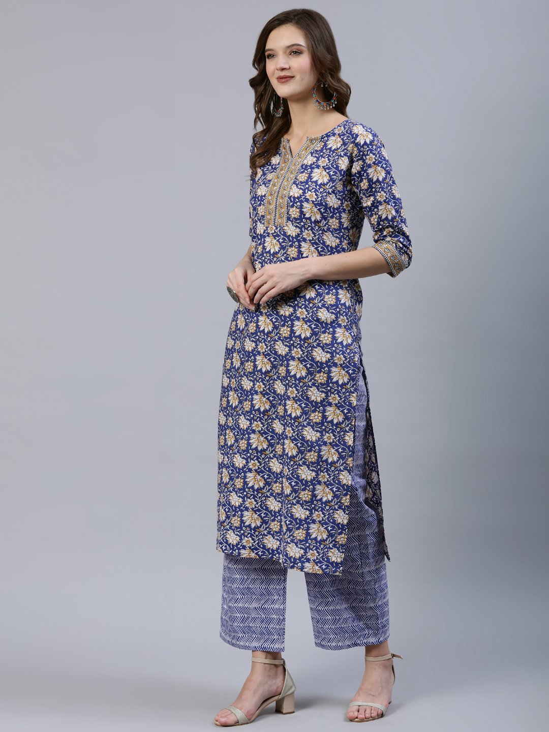 Women Blue Printed Straight Kurta With Palazo & Dupatta | LASVINI - Redefining Indian Fashion with Elegance