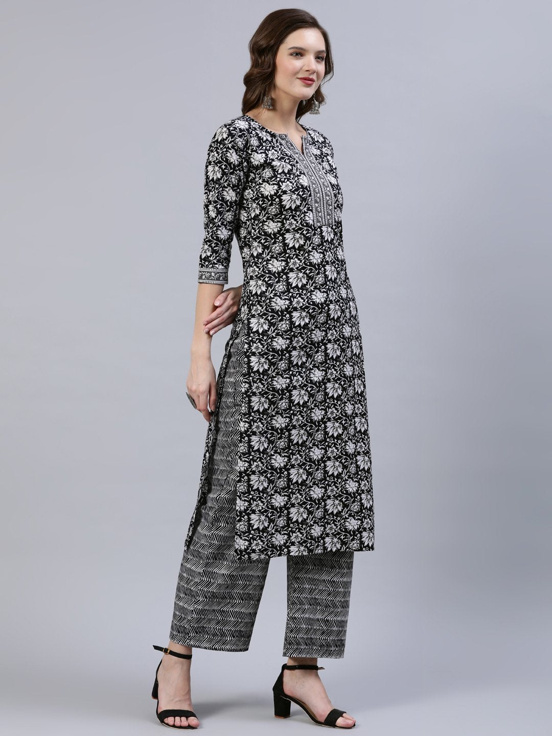 Women Black & Whites Floral Printed Straight Kurta With Palazo & Dupatta | LASVINI - Redefining Indian Fashion with Elegance