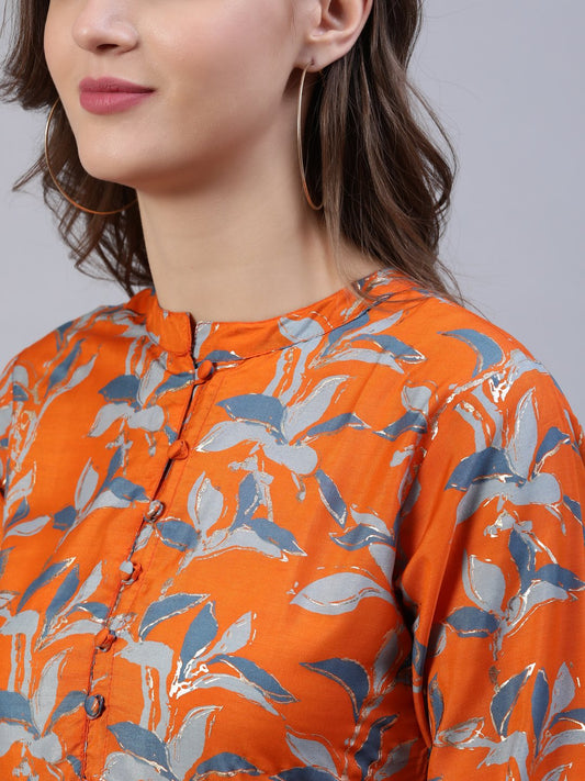 Women Orange Printed Dress With Three Quarter Sleeves | LASVINI - Redefining Indian Fashion with Elegance