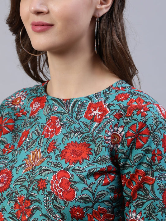 Women Green Floral Printed Dress With Three Quarter Sleeves | LASVINI - Redefining Indian Fashion with Elegance