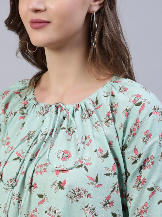 Women Pastel Green Printed Dress With Three Quarter Flared Sleeves | LASVINI - Redefining Indian Fashion with Elegance