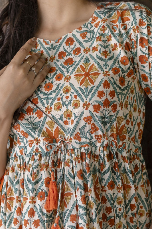 Women Off-White Printed Dress With Three Quarter Sleeves | LASVINI - Redefining Indian Fashion with Elegance