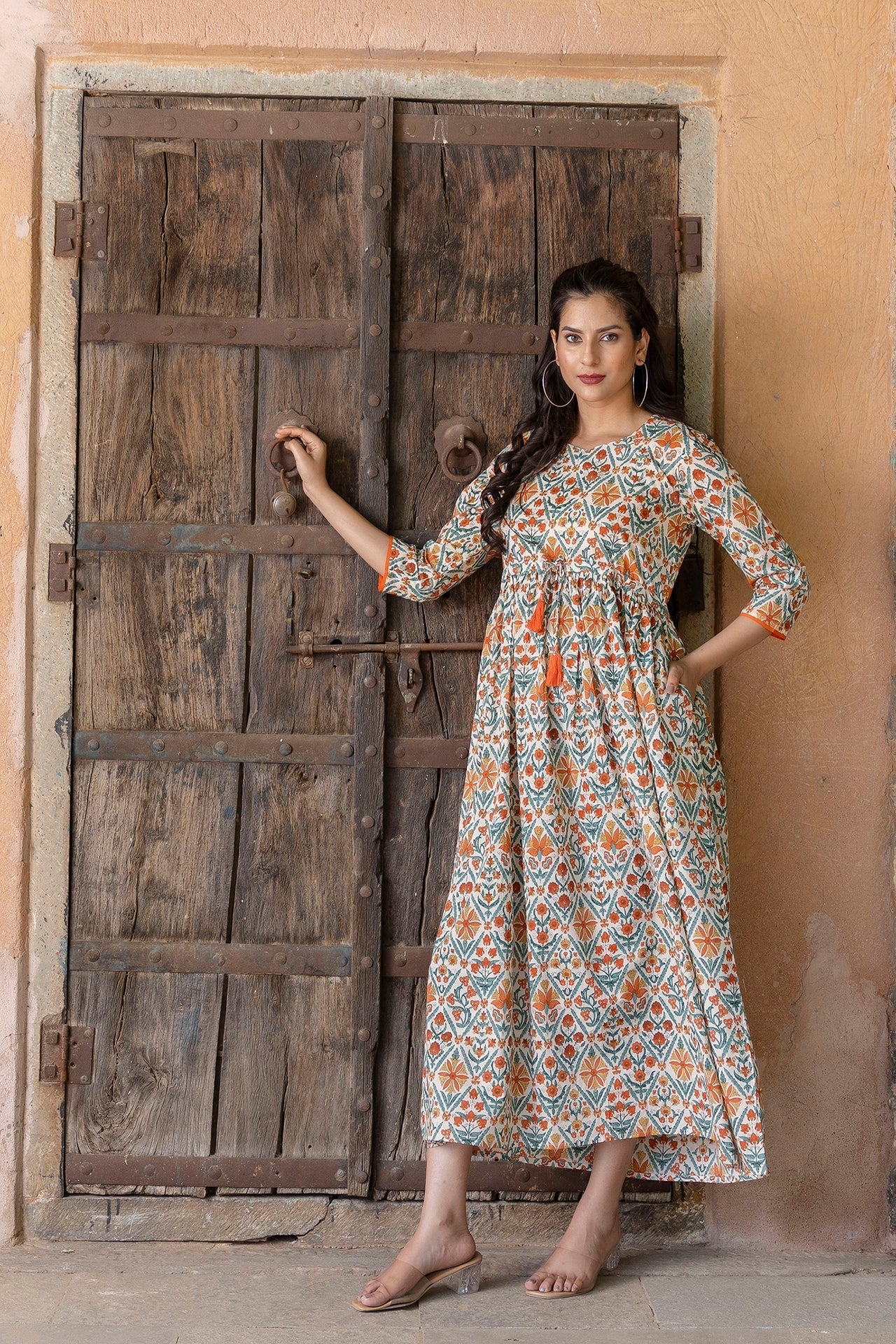 Women Off-White Printed Dress With Three Quarter Sleeves | LASVINI - Redefining Indian Fashion with Elegance