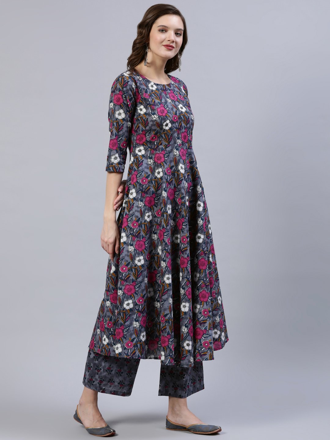 Women Grey Printed Flared Kurta With Palzo & Dupatta | LASVINI - Redefining Indian Fashion with Elegance