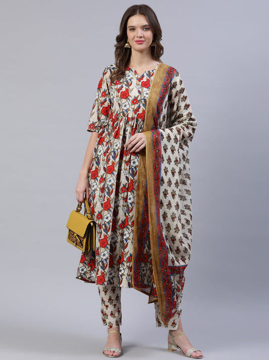 Women Off- White Printed Flared Kurta With Palzo & Dupatta | LASVINI - Redefining Indian Fashion with Elegance