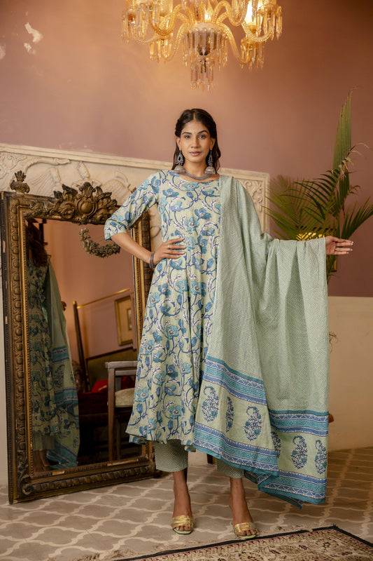 Women Sage Green Floral Printed Kurta With Trouser & Dupatta | LASVINI - Redefining Indian Fashion with Elegance