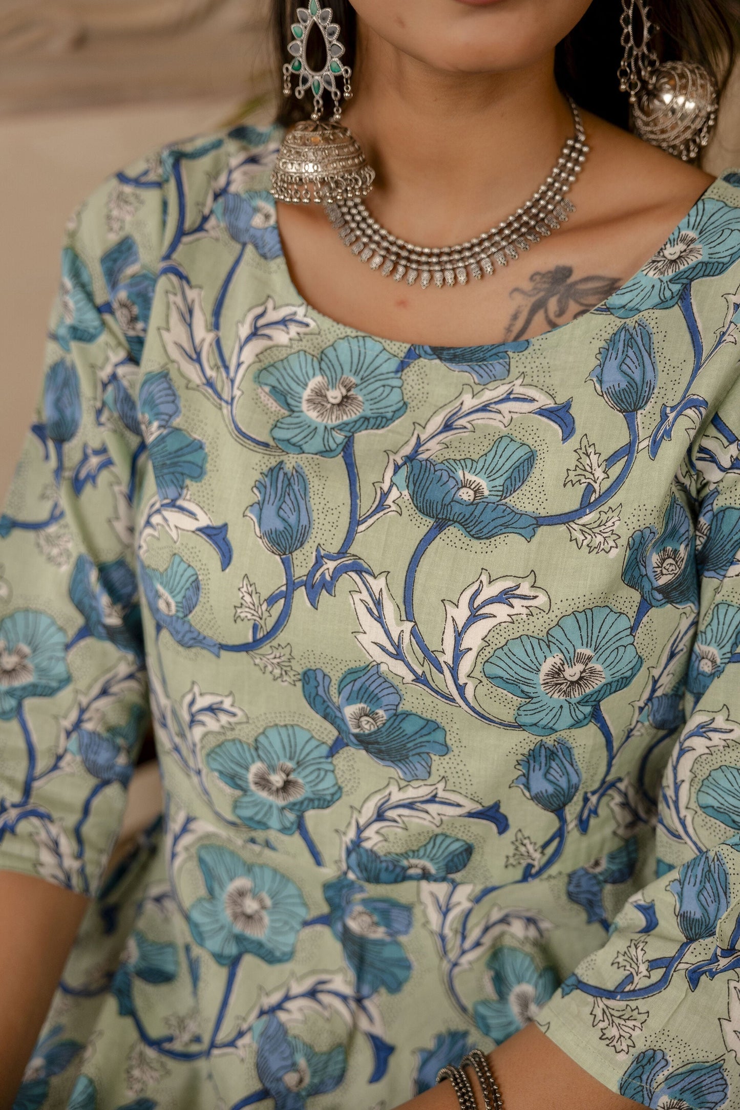 Women Sage Green Floral Printed Kurta With Trouser & Dupatta | LASVINI - Redefining Indian Fashion with Elegance
