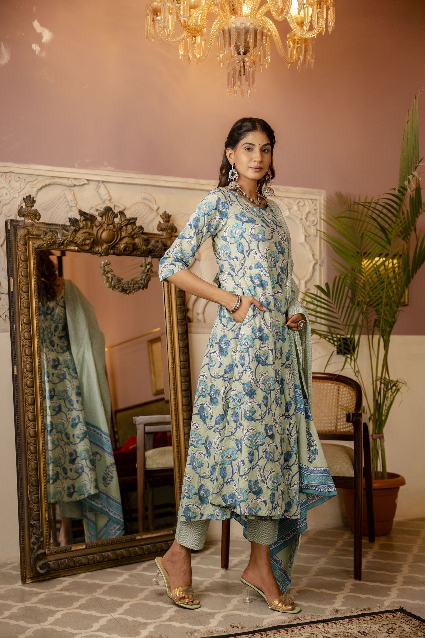 Women Sage Green Floral Printed Kurta With Trouser & Dupatta | LASVINI - Redefining Indian Fashion with Elegance
