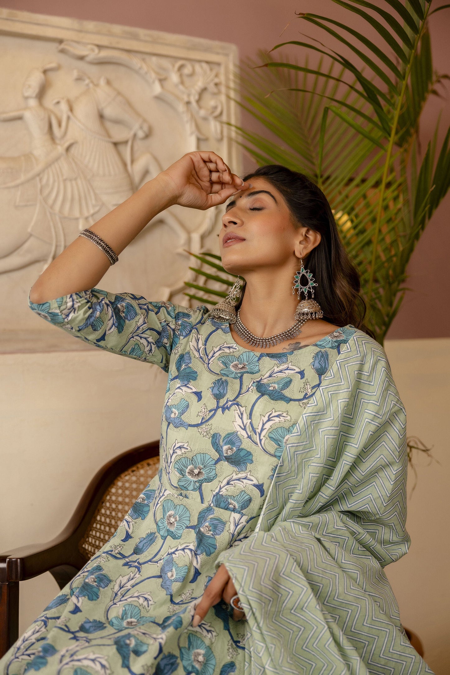 Women Sage Green Floral Printed Kurta With Trouser & Dupatta | LASVINI - Redefining Indian Fashion with Elegance