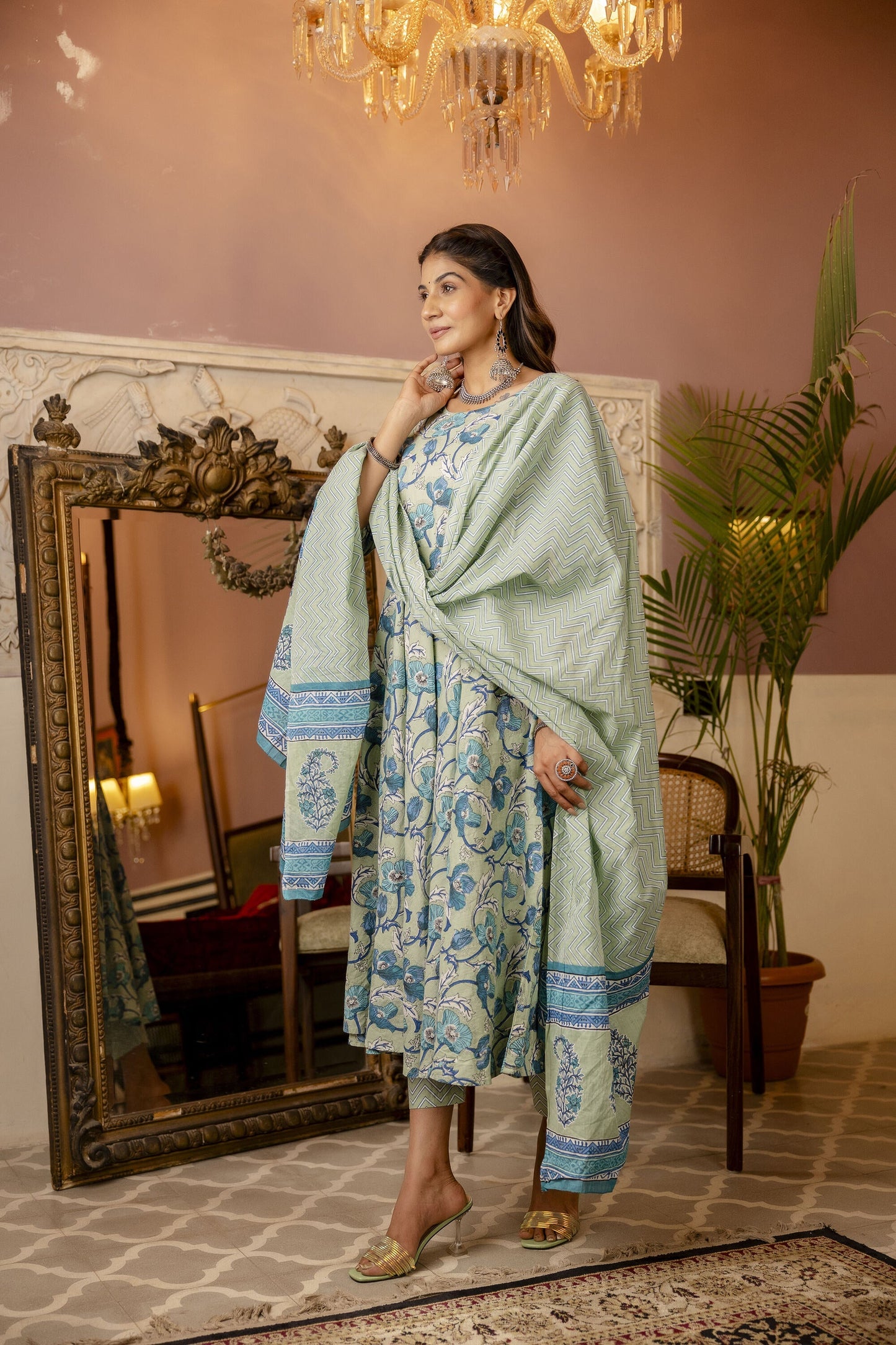 Women Sage Green Floral Printed Kurta With Trouser & Dupatta | LASVINI - Redefining Indian Fashion with Elegance