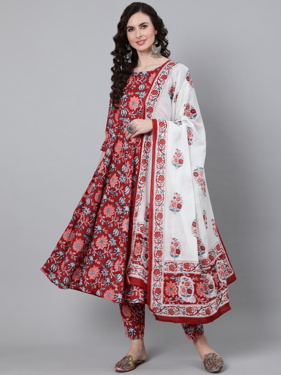 Women Red Floral Printed Kurta With Trouser & Dupatta | LASVINI - Redefining Indian Fashion with Elegance