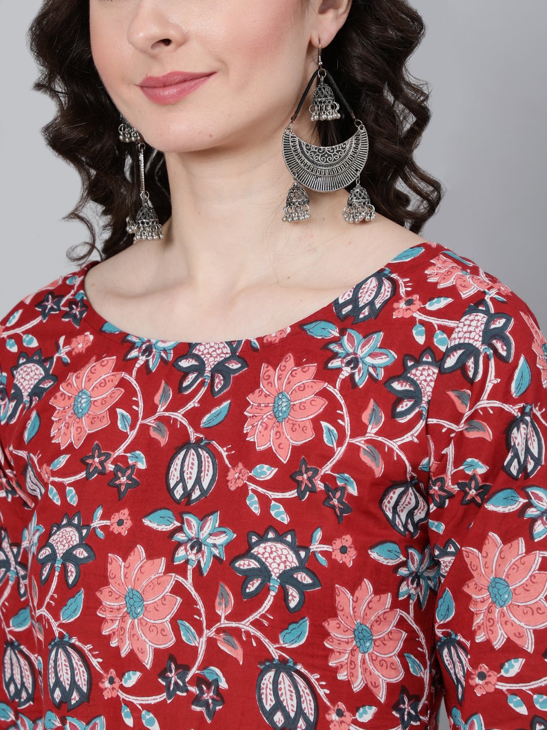 Women Red Floral Printed Kurta With Trouser & Dupatta | LASVINI - Redefining Indian Fashion with Elegance