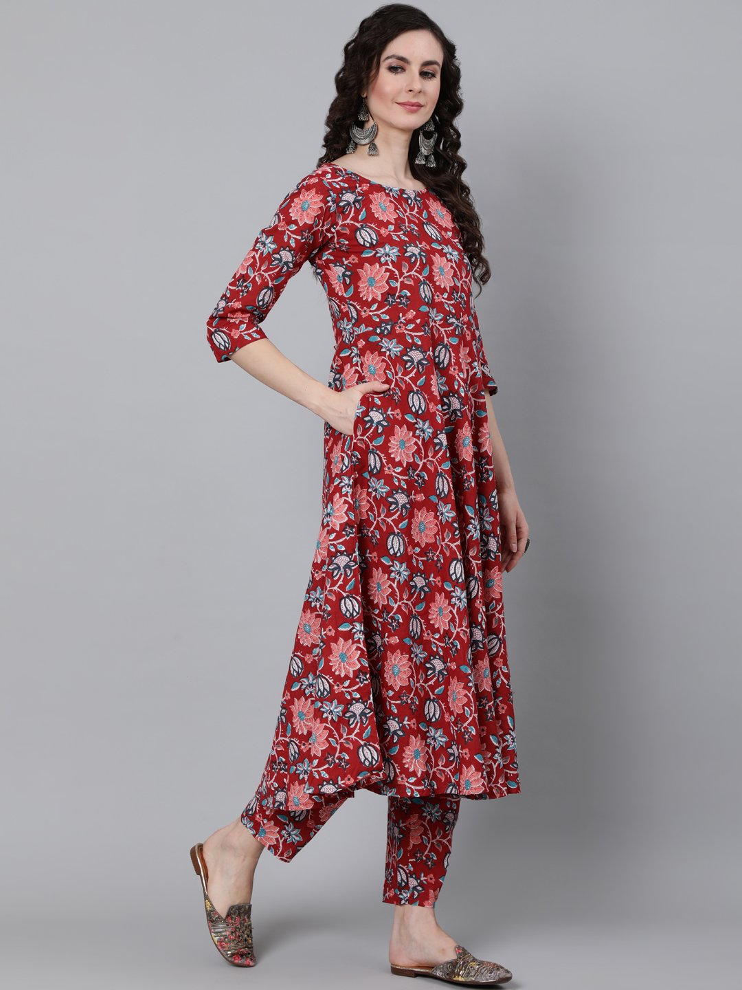 Women Red Floral Printed Kurta With Trouser & Dupatta | LASVINI - Redefining Indian Fashion with Elegance