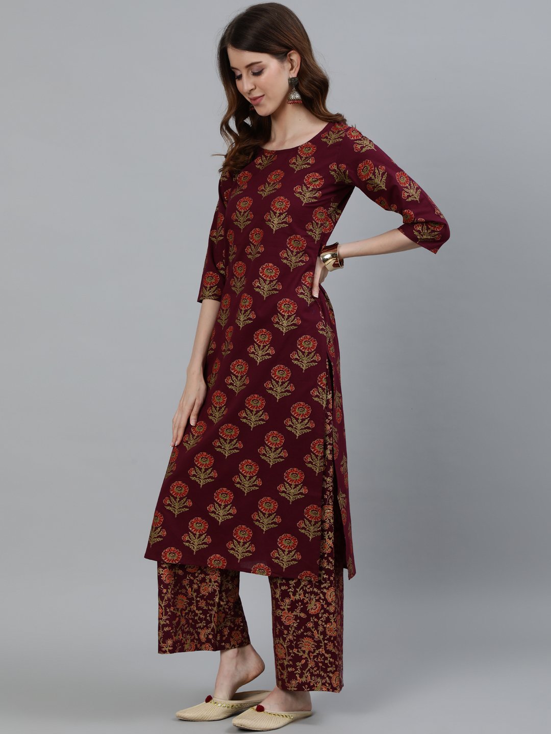 Women Burgundy Floral Printed Pure Cotton Kurta & Palazzos With Dupatta | LASVINI - Redefining Indian Fashion with Elegance