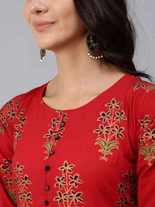Women Red & Gold Printed Maxi Dress With Three Quarter Sleeves | LASVINI - Redefining Indian Fashion with Elegance