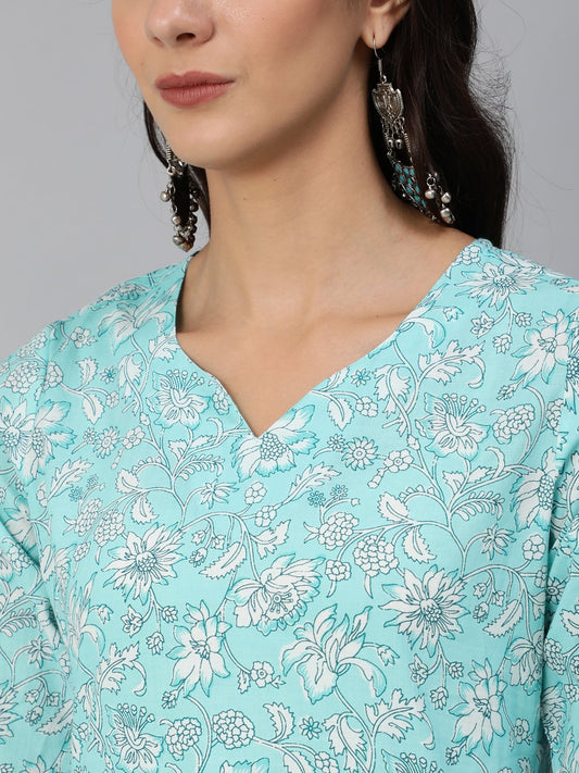 Women Blue Floral Printed Kurta Set With Palazo & Dupatta | LASVINI - Redefining Indian Fashion with Elegance