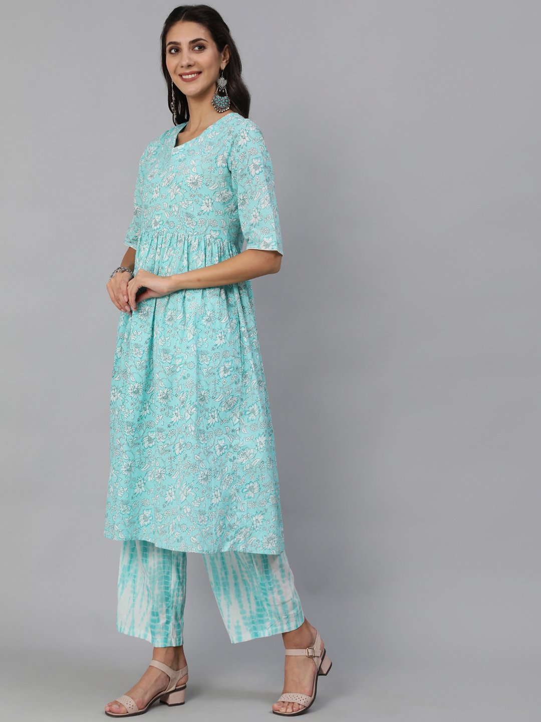 Women Blue Floral Printed Kurta Set With Palazo & Dupatta | LASVINI - Redefining Indian Fashion with Elegance