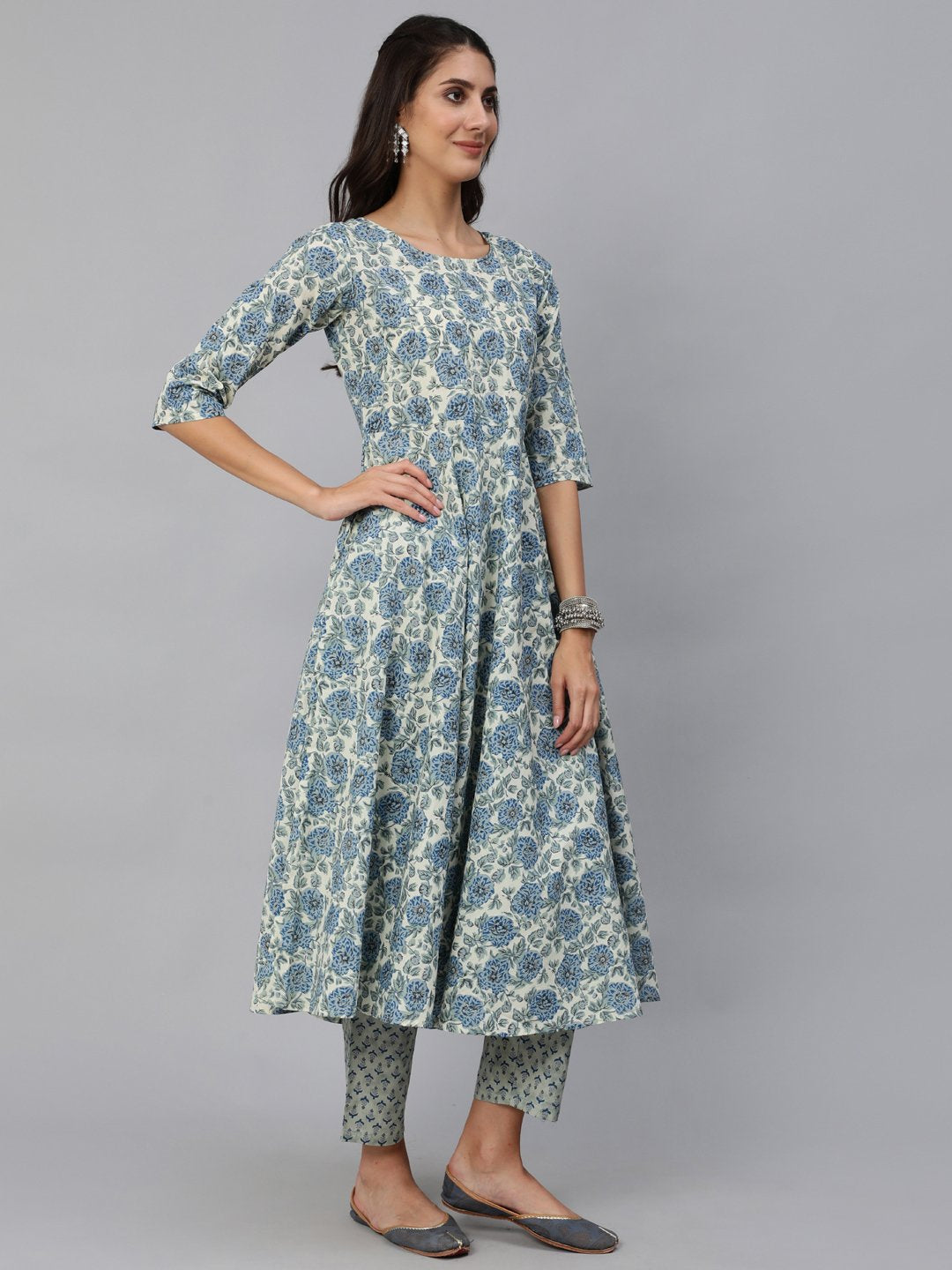 Women Blue & Cream Floral Printed Kurta Set With Trouser & Dupatta | LASVINI - Redefining Indian Fashion with Elegance
