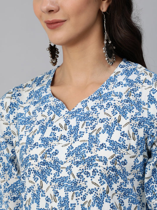 Women Blue & White Floral Printed Kurta Set With Trouser & Dupatta | LASVINI - Redefining Indian Fashion with Elegance